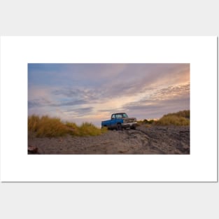 Blue Chevy Pickup on a sand dune at the beach Posters and Art